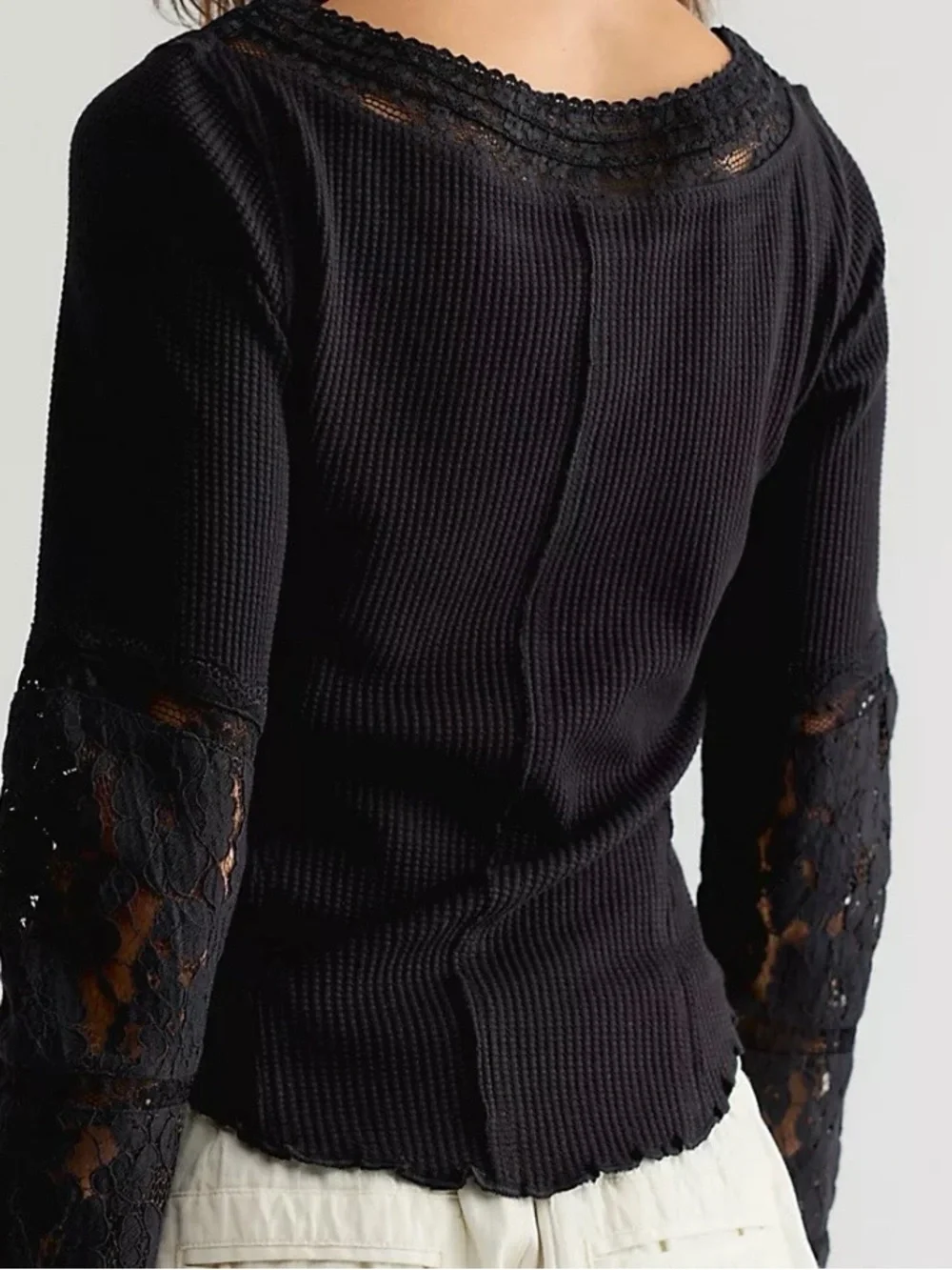 Free People Women's Black Amber Lace Cuff Long Sleeve Top XL